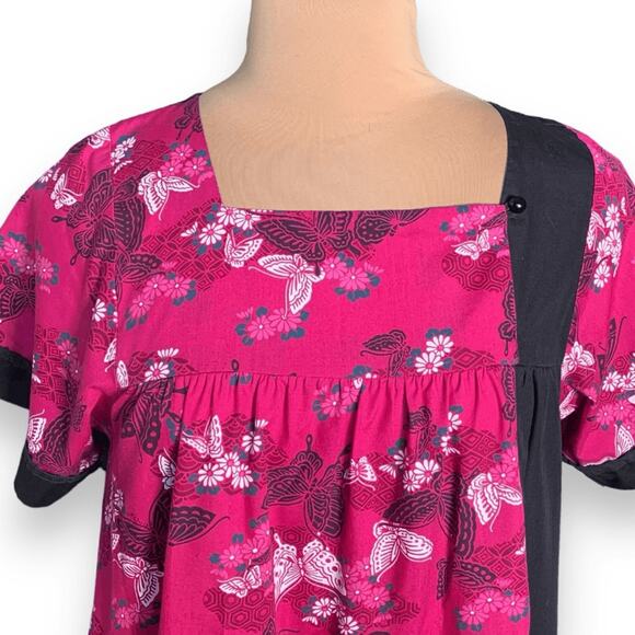 Vintage RM Made in Hawaii Pink Butterfly Dress Black Trim Square Neck Ruffle Hem - Picture 5 of 9